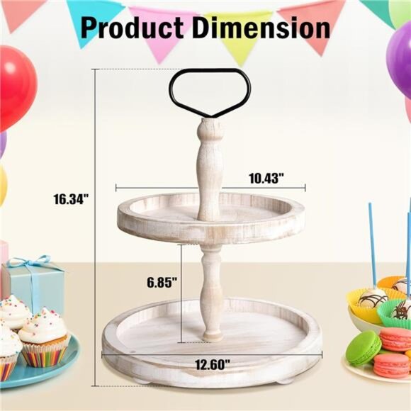 Rustic Wooden 2Tiered Tray,Round Farmhouse Kitchen Table Decor Serving Tier Tray - Picture 5 of 7